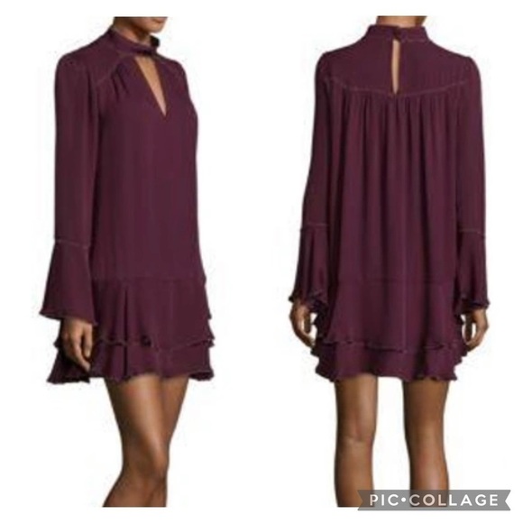PARKER Women’s Burgundy Silk TESSA Choker Neck Bell Slv Keyhole Beaded Dress  XS - Picture 1 of 8